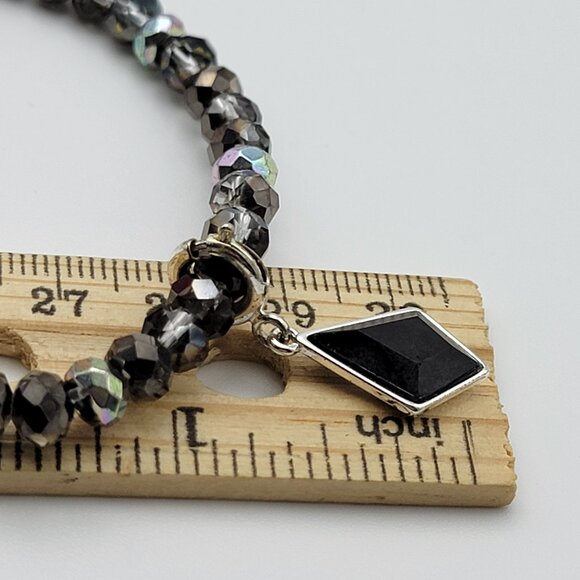 Bomb Party Black Onyx Charm Smoky Crystal Bracelet Stretch 7" Adj. Silver Tone - Picture 8 of 8